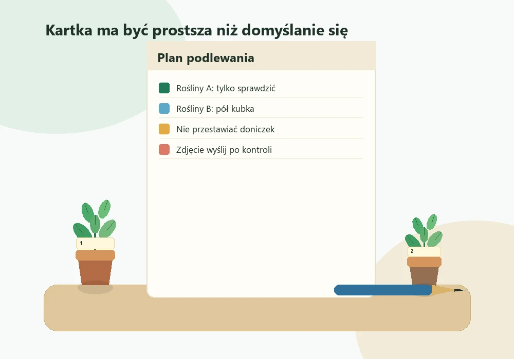 Prosta kartka z instrukcją podlewania ustawiona przy doniczkach