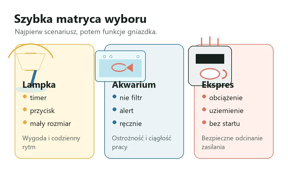 Matryca wyboru smart gniazdka dla lampki, akwarium i ekspresu z najważniejszymi funkcjami dla każdego scenariusza