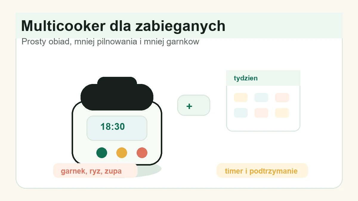 Neutralna ilustracja multicookera i planu tygodnia jako pomoc w wyborze sprzętu do gotowania