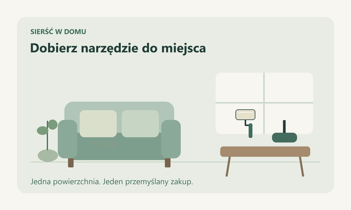 Ilustracja kanapy oraz rolki i szczotki dobranych do sprzątania sierści w mieszkaniu