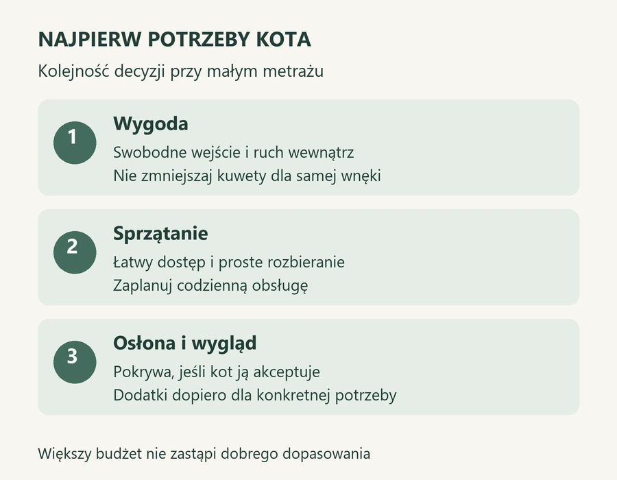Kolejność wyboru kuwety: wygoda kota, łatwe sprzątanie, potem osłona i wygląd